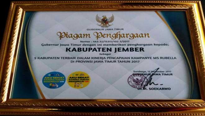 Piagam penghargaan kabupaten Jember sebagai kabupaten dengan pencapaian imunisasi MR terbaik. (Foto. Supianik)